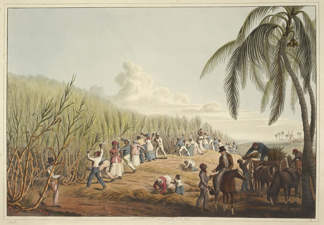 Через Википедию/media/File:Slavescuttingthesugarcane-TenViewsintheIslandofAntigua(1823),plateIV-BL.jpg, цветная иллюстрация порабощенных чернокожих ра