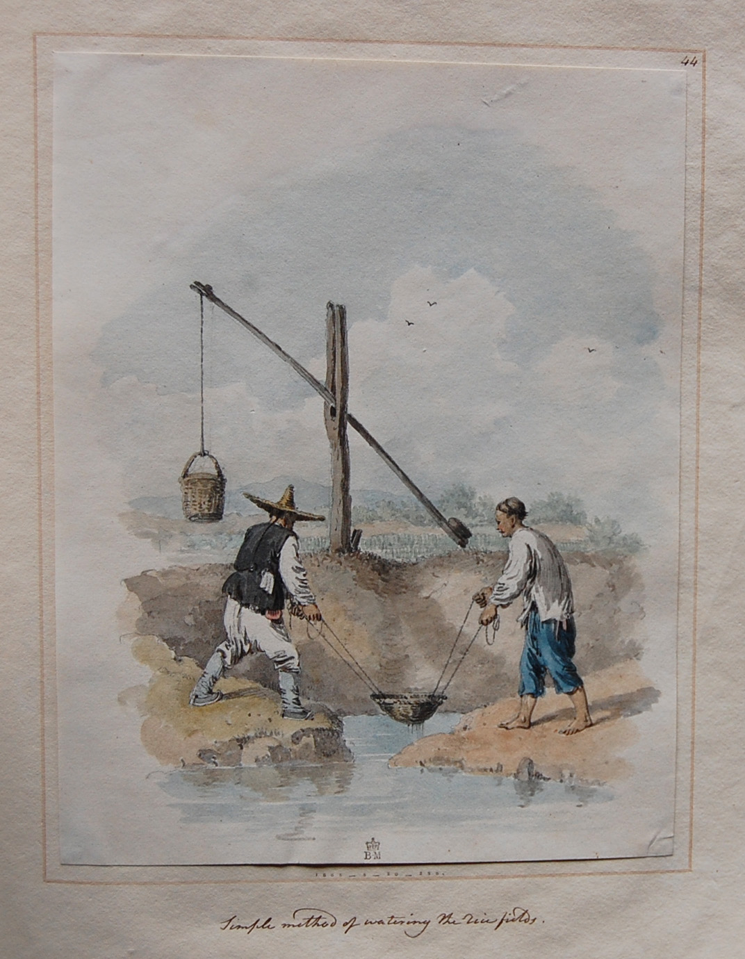 Через Британский музей, британский рисунок (1793-1796) Уильяма Александра из альбома изображений из Китая, показывающий два метода полива рисового пол