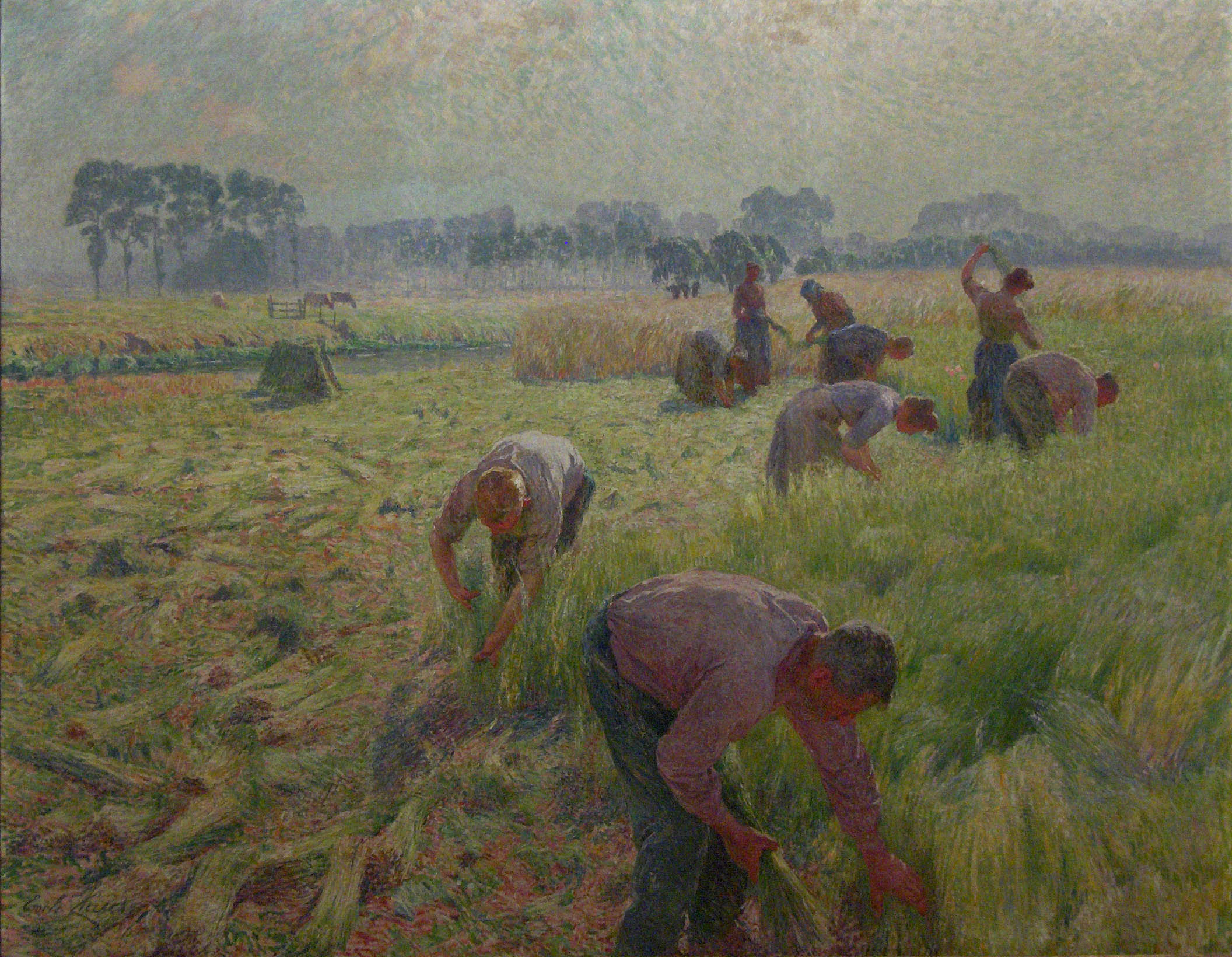 Через Википедию: De vlasoogt («сбор льна»), картина Эмиля Клауса (1849-1924), 1904 г. Метод сбора урожая здесь сразу узнается тем, кто читал описание