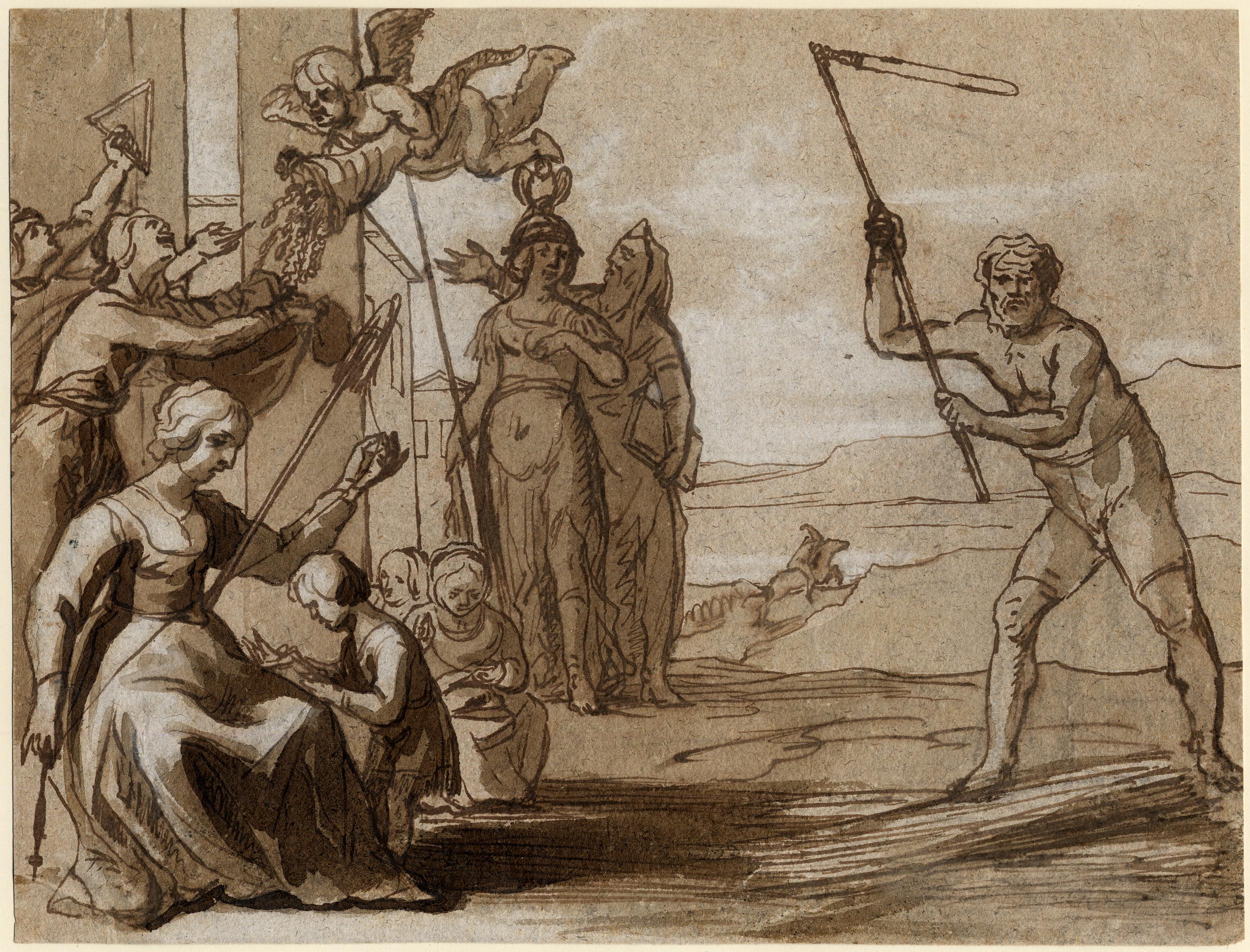 Из Британского музея, рисунок анонимного автора (ок. 1640-1660), показывающий различные элементы текстильного производства, в том числе женщину (слева