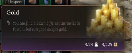 Интерфейс Baldur’s Gate III: стопка золотых монет и сообщение, что в Фаэруне все принимают золото