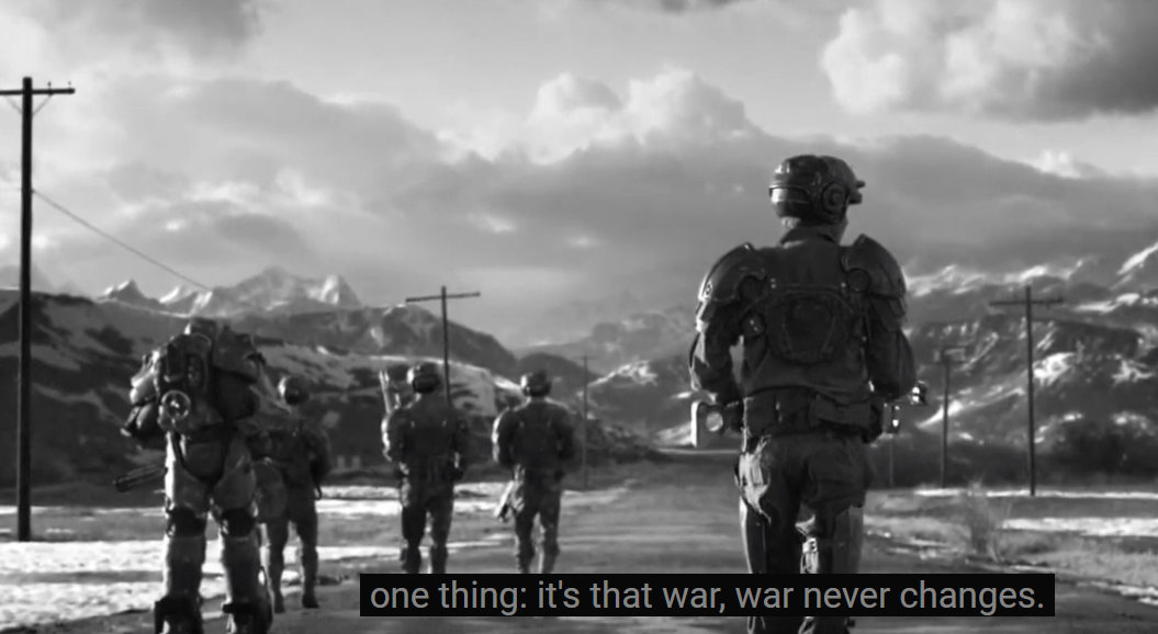 Заставка Fallout 4 со словами «War never changes»