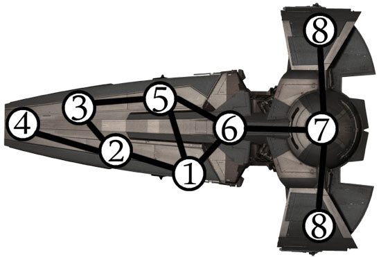 Карта корабля Sith Infiltrator с узлами и соединяющими их маршрутами
