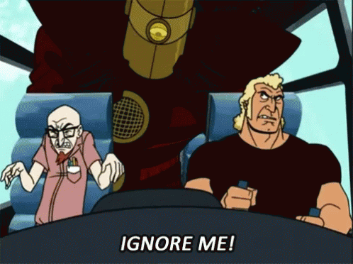 Персонажи за пультом и гигантский робот с надписью «Ignore Me!»