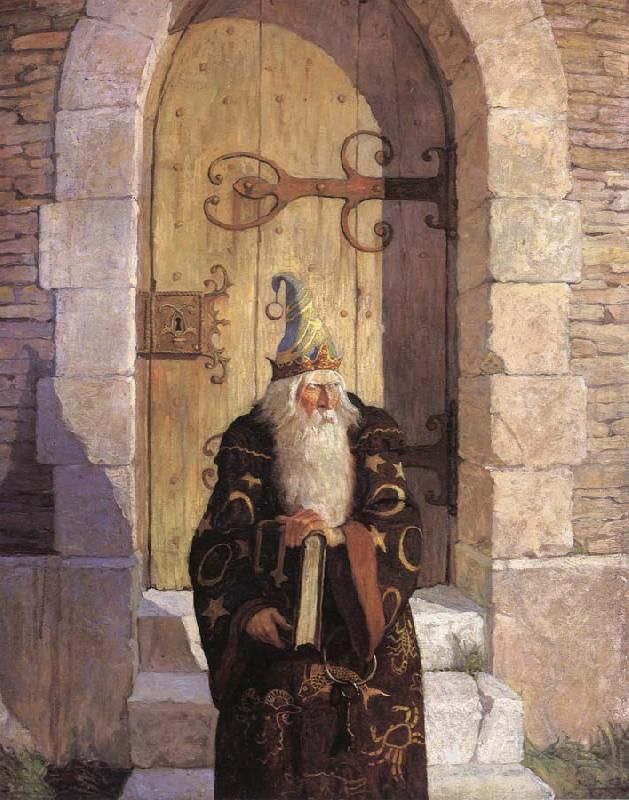 Бородатый астролог с книгой сидит у двери