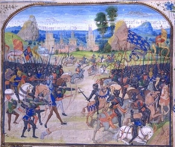 Битва при Пуатье, 1356 год. Миниатюра из «Хроник» Фруассара. Работа находится в общественном достоянии в стране происхождения и в других странах и территориях, где срок охраны авторского права не превышает 70 лет после смерти автора