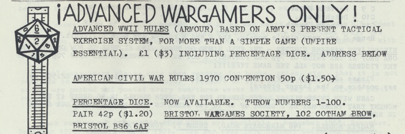 Реклама многогранных костей из Wargamer’s Newsletter
