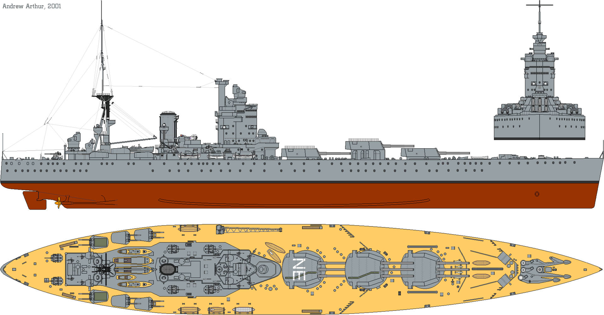 Боковая проекция и план HMS Nelson с тремя носовыми башнями